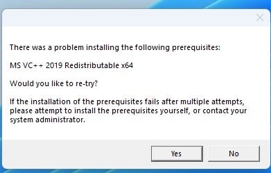 Can't install prerequisite files